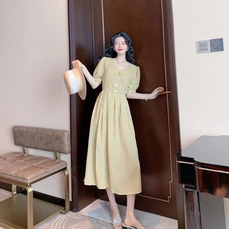 Французский Ретро с v-образным вырезом коротким рукавом на талии над клетчатым