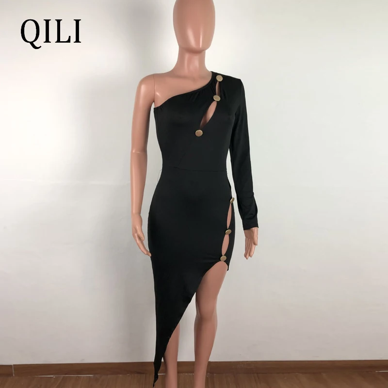 QILI женское платье на одно плечо с длинным рукавом сексуальные асимметричные