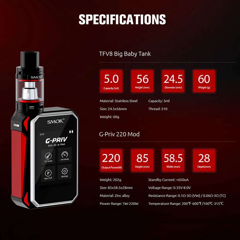 Оригинальный SMOK G-PRIV комплект сенсорного экрана 220 Вт G Priv коробка мод TFV8 большой