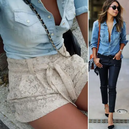 2017 Для женщин Джинсовая футболка осень зима одежда с длинным рукавом лацканами