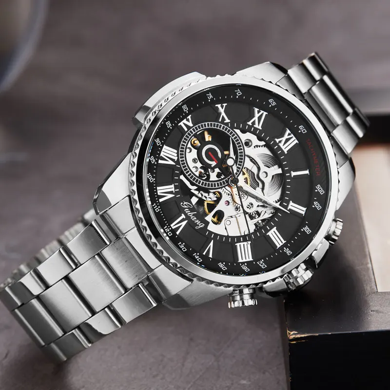 Серебристые спортивные механические часы Moonphase Skeleton, мужские часы из нержавеющей стали с прозрачным сетчатым браслетом, мужские роскошные часы от ведущего бренда