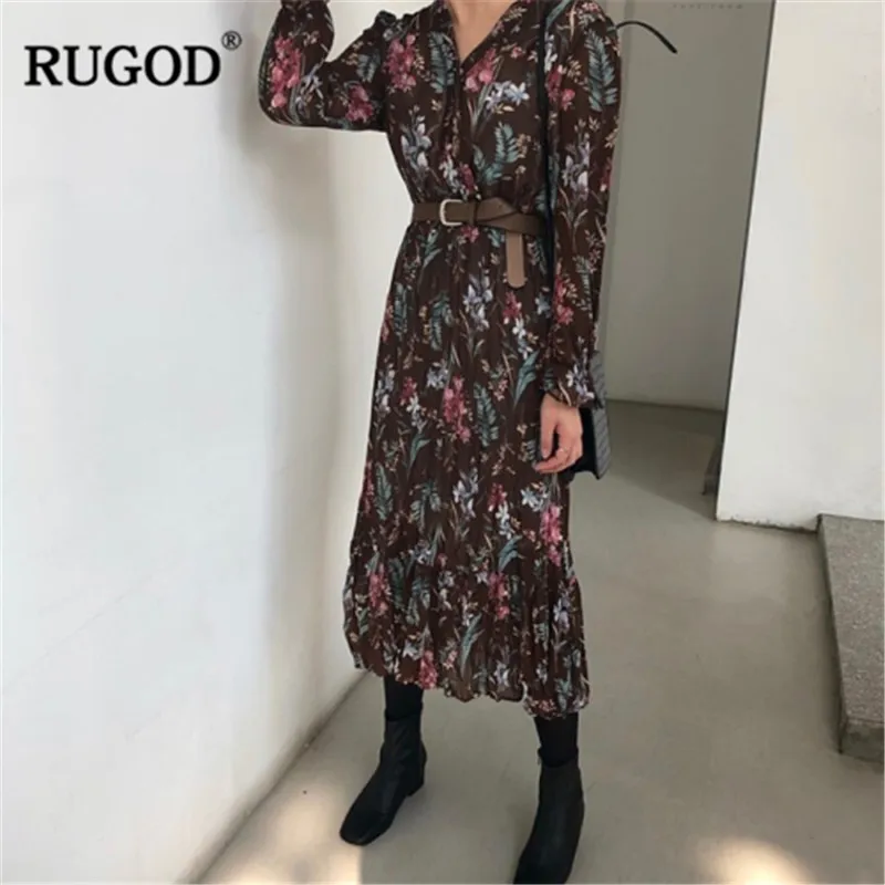 RUGOD платье летнее Винтаж цветочный принт для женщин Мода V образным вырезом