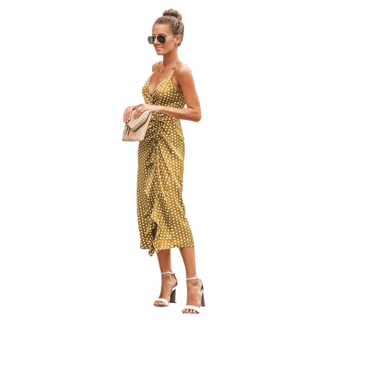 

20198 B Wave Point Dress Ruffled Women Dresses Sundress Polka Dot Halter V-Neck dovetail Slit Sexy Dress Beach Party Vestidos