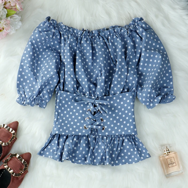 

polka dot tops Women's Clothing fashion brand New summer chiffon sweet Korean style short sleeve slash neck off shoulder Shirts