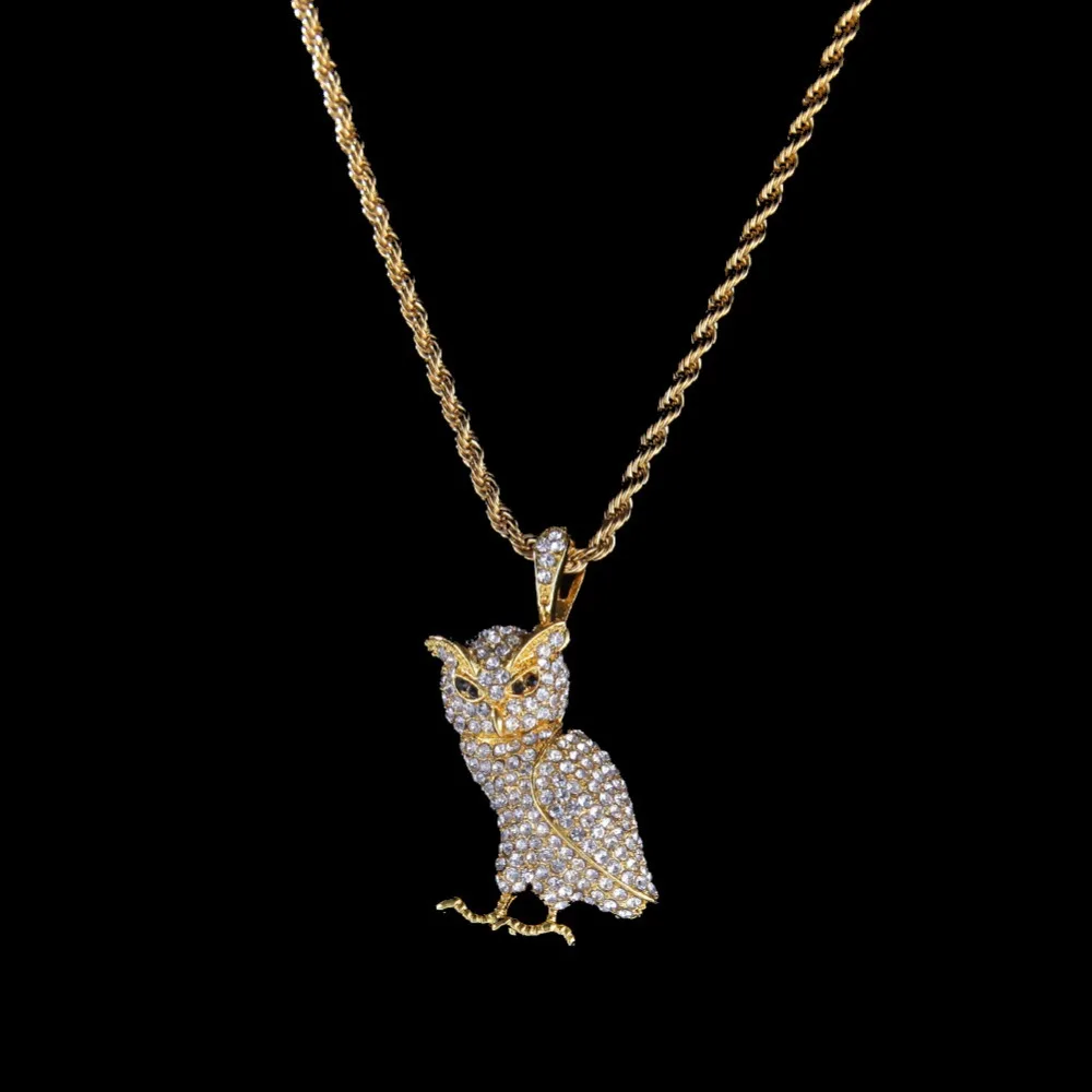 Iced Out Подвески в виде животных Совы Полный Стразы ожерелье с мишурой Золото Серебро Цвет хип хоп рэппер ювелирные изделия для женщин мужские ожерелье s