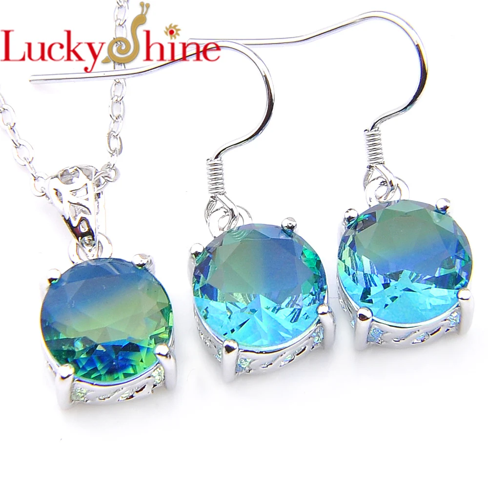 

Luckyshine 2 Pcs/Lot bridal wedding jewelry Set Blue Bi Colored Tourmaline Gems Silver Plated Pendants Necklaces Earring Set New