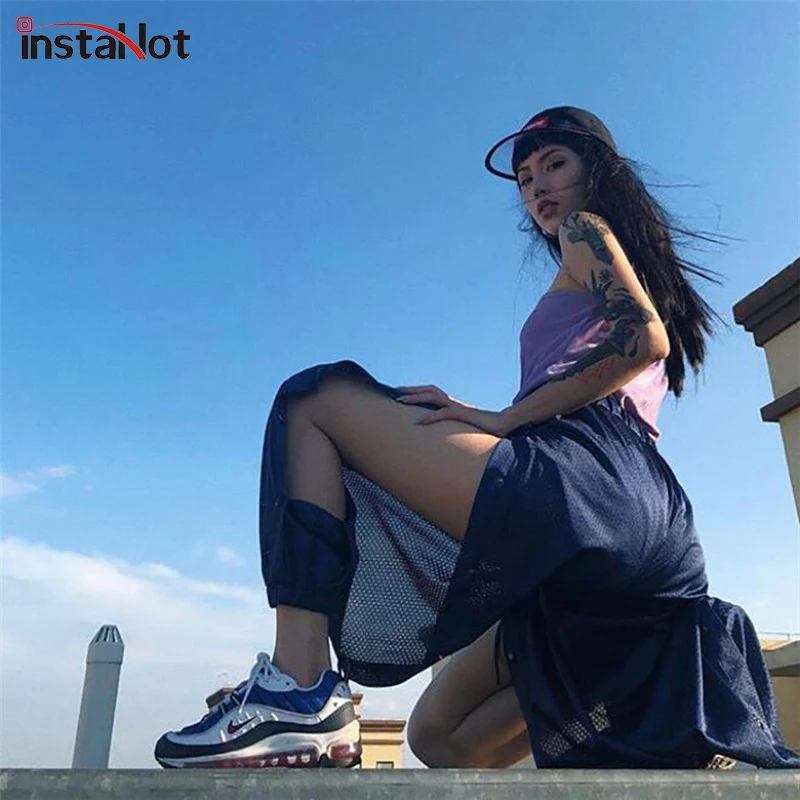 Instahot уличные женские шаровары Черные беговые брюки в повседневном стиле с высокой талией, свободные женские штаны с вырезом; Соблазнительные повседневное женские тонкие длинные брюки для девочек