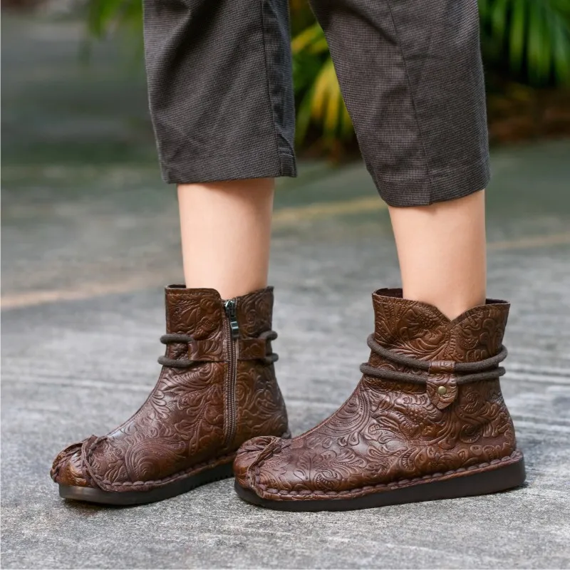 

Johnature 2021 New Autumn/Winter Genuine Leather Round Toe Casual Retro Zipper Sewing Totem Ankle Flat With Boots Women Shoes