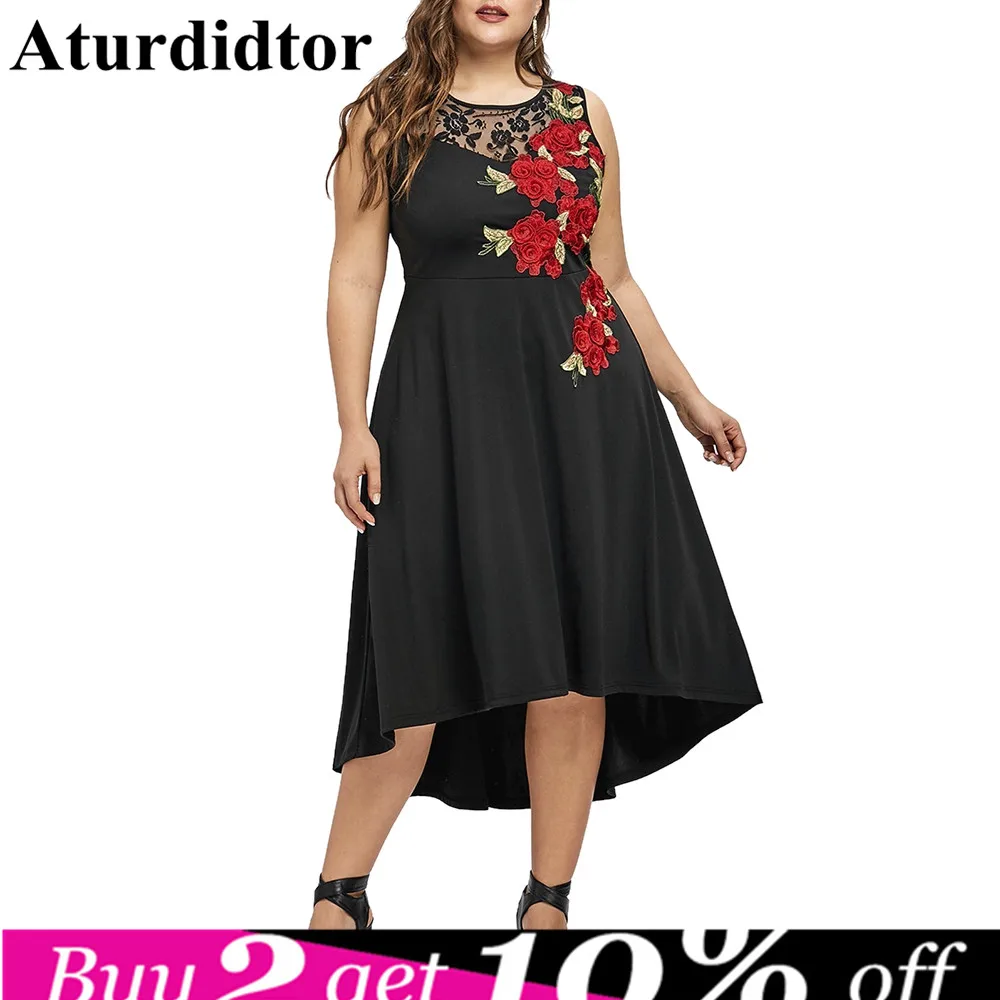 Плюс размер Цветочная вышивка Высокая Низкая платье А силуэт элегантное без