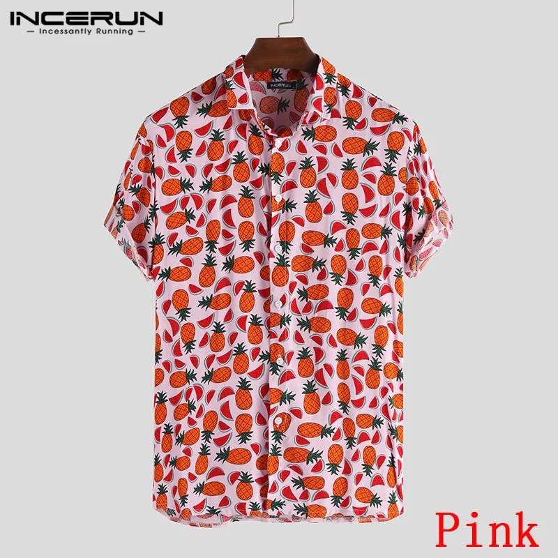 Pink Shirt INCERUN модная мужская рубашка с фруктовым принтом, с отворотом, с вырезом, свободная, шикарная, повседневная, с коротким рукавом, гавайская, Пляжная, дышащая, Camisa - Цвет: Pink Shirt