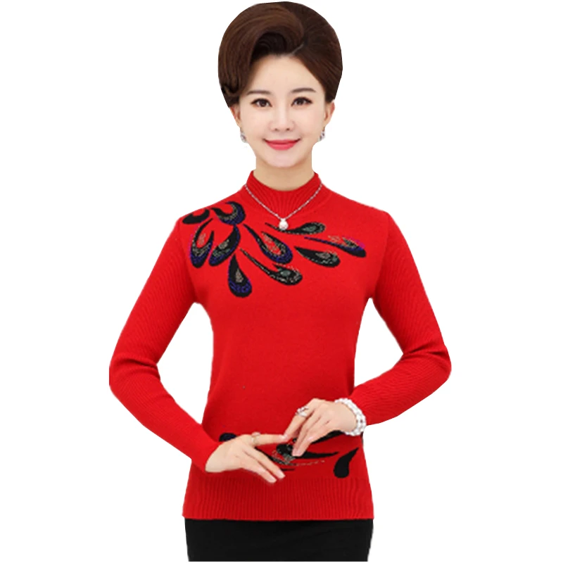 Осенне-зимний теплый вязаный пуловер женский свитер с принтом среднего возраста