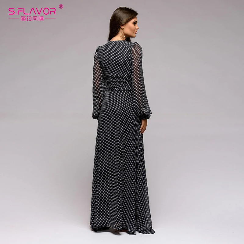 Женское богемное платье ретро S.FLAVOR длинное шифоновое в горошек с глубоким V