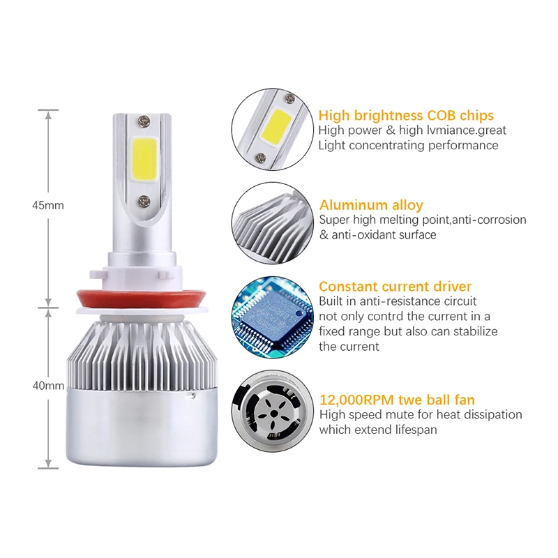 2 шт. Автомобильные фары H4 LED H7 H1 H3 H11 H13 H27 HB3 HB4 9004 9005 9006 9007 72 Вт 8000LM 6500 к лампочки 12В