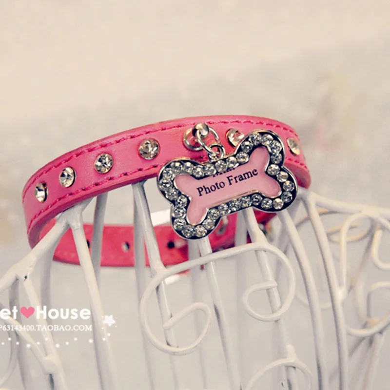 Bling rhinestone leather dog pet cat collar with ID name tag Small chihuahua luxury Princess necklace pendant jewelry | Дом и сад