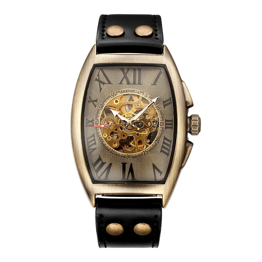 skeleton black watch Мужские автоматические механические часы, мужские часы с черепом и скелетом, наручные часы с автоматическим заводом, мужские ретро военные часы, кожаные часы, Reloj - Цвет: skeleton black watch