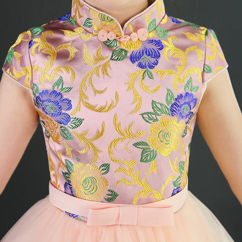 Дети Cheongsam атласные топы традиционное китайское Новогоднее платье для девочек guzheng фортепиано теплый халат Vestido Восточный
