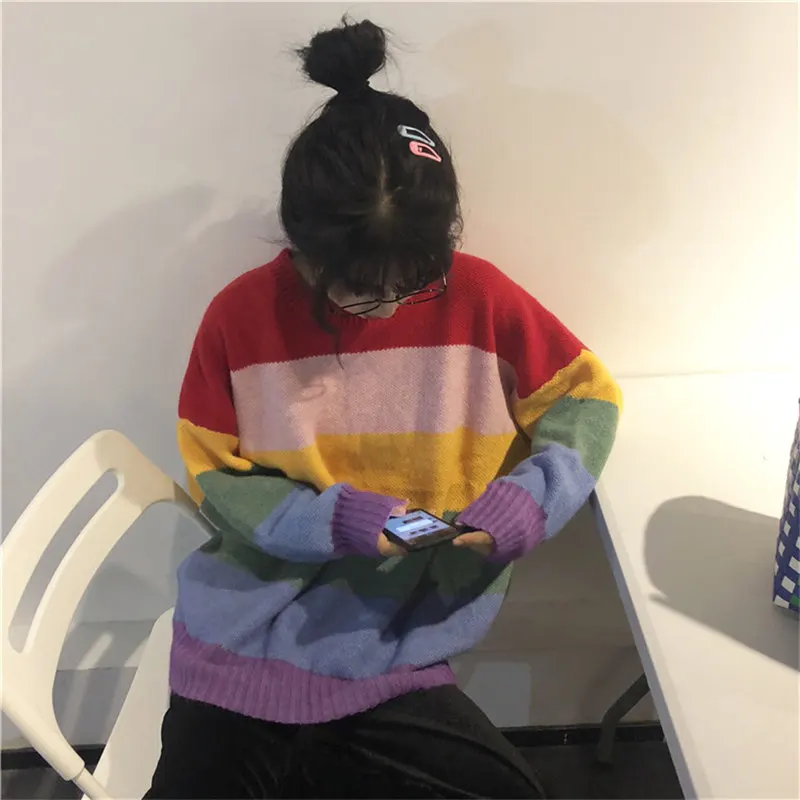 Woherb, Осенний Радужный женский свитер Harajuku, джемпер в полоску, пуловеры больших размеров, свитера в Корейском стиле, винтажная вязаная одежда 20585