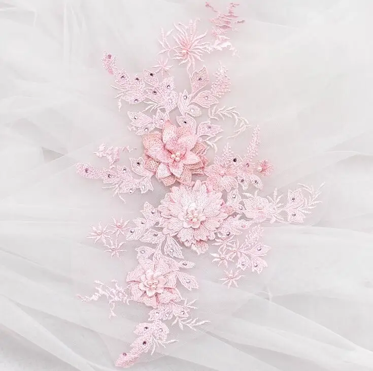 pink 1 шт 40*25 см Розовый Фиолетовый Элегантный 3D цветок вышивка жемчуг бисером кружева аппликация с кружевной отделкой платье Ткань Материал DIY ремесло - Цвет: pink