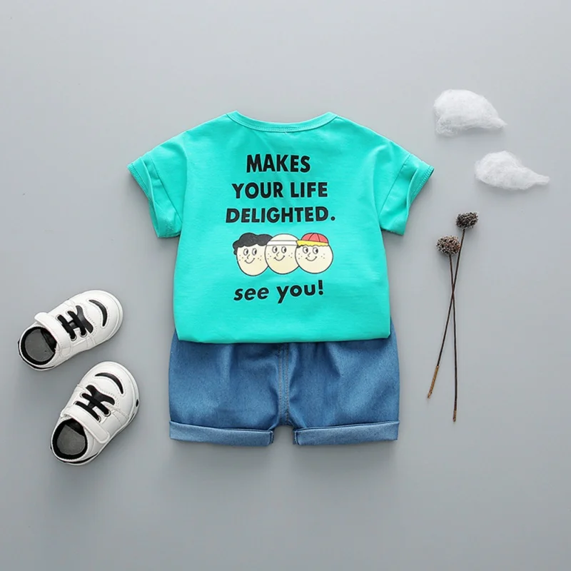 New Summer Baby Boys Short Sleeve Cotton Cartoon Letter Print Tops Blouse T-shirt+Shorts Casual Outfits Sets |