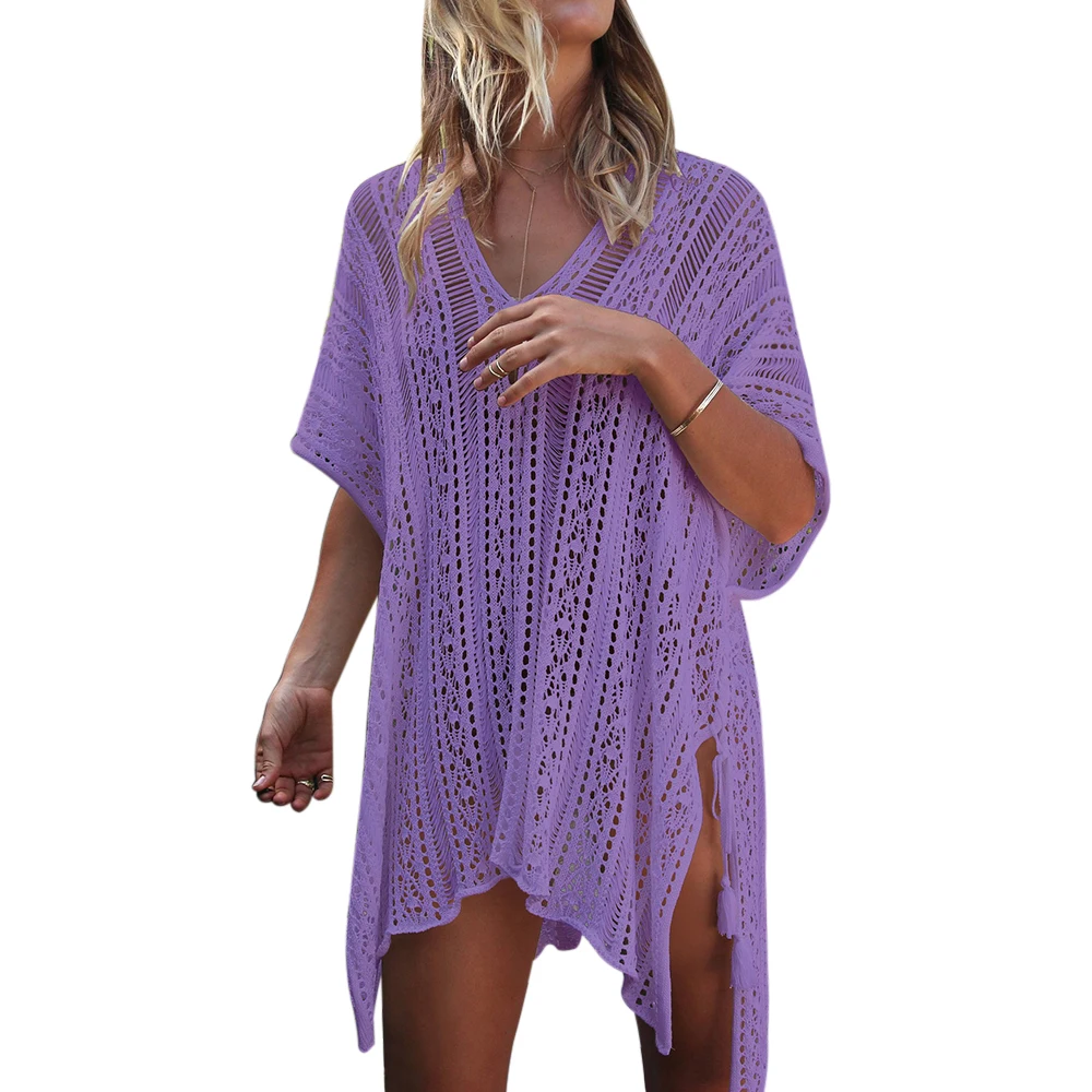 light purple 21 цвет, сексуальное вязаное крючком белое пляжное бикини, накидка, платье, туника, длинное парео, купальник, платье, накидка, пляжная одежда, однотонное - Цвет: light purple