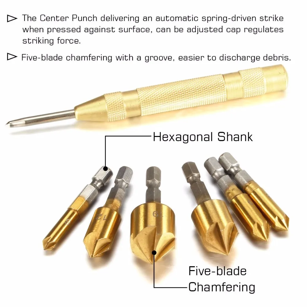 

1Pc Brass Automatic Punch + 6Pcs Hex Shank Five-blade Chamfering Drill Bit High Carbon Steel Titanium Plated for Wood DIY