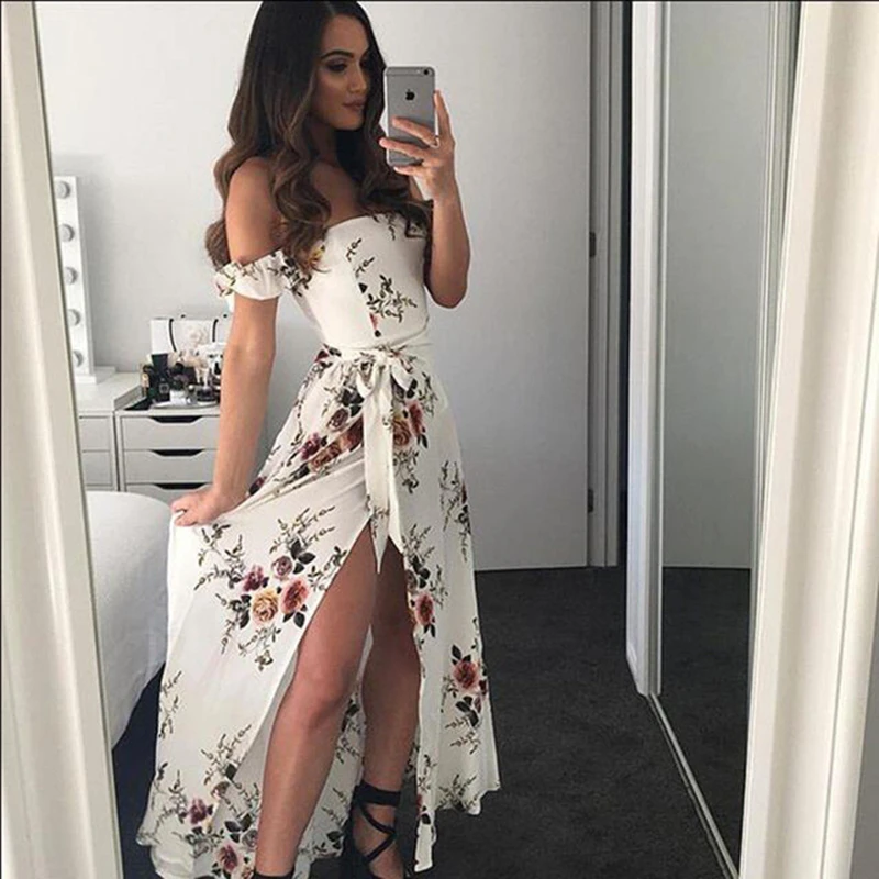 Summer 2018 New Long Dress Women Off Shoulder Thin Belt Maxi Dresses Vestidos Sexy White Split Beach Strapless Boho Style | Женская
