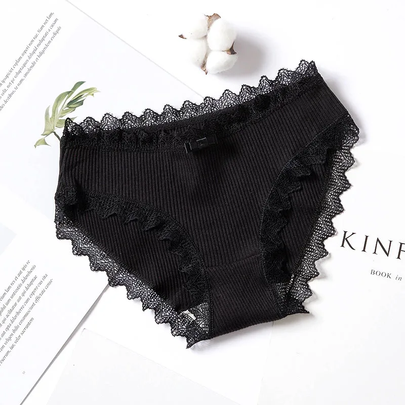 Sexy Lace Panties Women's Cotton Ultra Soft Briefs Bikini Seamless Cute Bow Girls Briefs Soft Comfort Lingerie Fashion Women - Color: Black