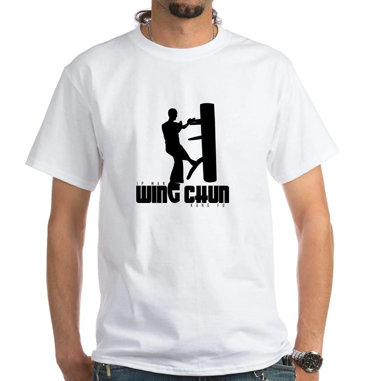 IP человек-Wing Chun (деревянный манекен) футболка из 100% хлопка белый | Мужская одежда