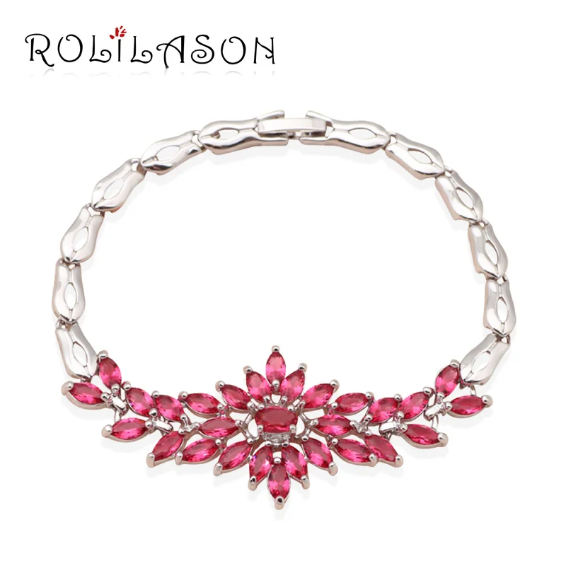 ROLILASON Необычные дизайн розовый Кристалл Циркон Серебряный браслет цепочка