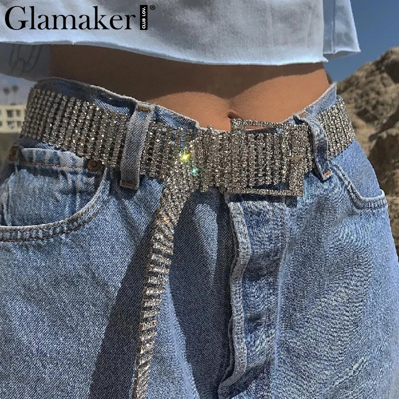 Женский ремень Glamaker серебристый Блестящий с бриллиантом облегающий пояс для