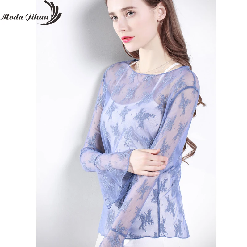 Женская кружевная рубашка Moda Jihan фиолетовая прозрачная Базовая Блузка с