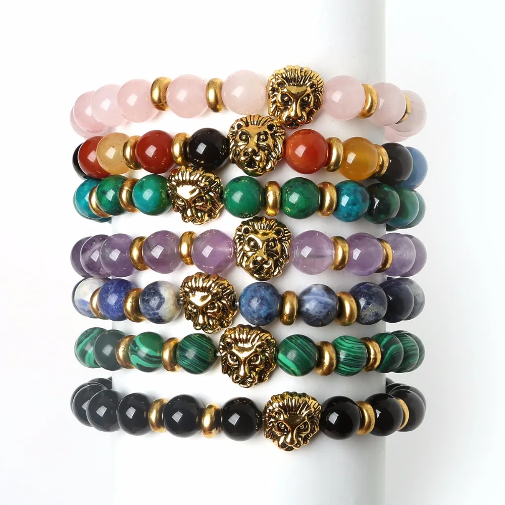 Оптовая продажа античный золотой тон голова льва браслет Роза quart Малахитовый