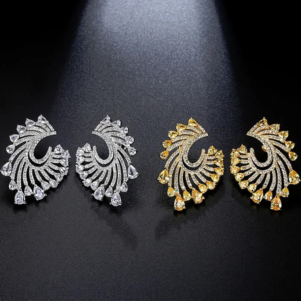 LUOTEEMI Fashion Big Flower Stud Earrings U Shape Micro Paved Shining Clear Yellow CZ White Gold-Color Brincos Christmas Gifts | Украшения