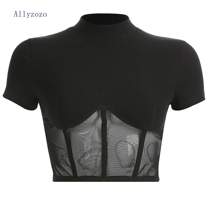 Летний модный черный полосатый сетчатый просвечивающий топ футболки водолазка с