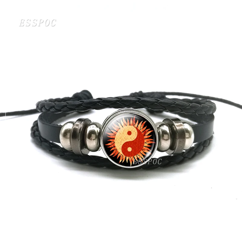 Браслет Yin Yang восемь триграмм Тай Чи стеклянный кабошон черный кожаный браслет