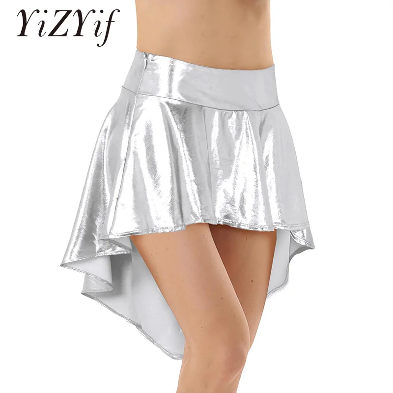 Женская Блестящая металлическая мини-юбка с высокой талией асимметричная низкая