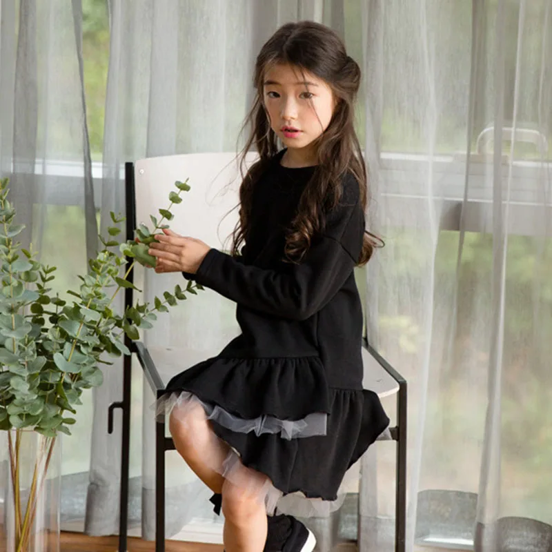 new 2018 mesh patchwork teenage girls long sleeve dresses for kids autumn winter black ruffles sweatshirt dress children clothes | Детская
