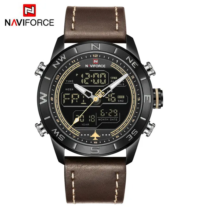 DARK BROWN YELLOW NAVIFORCE, повседневные спортивные кварцевые часы для мужчин, двойной дисплей, календарь, многофункциональные аналоговые цифровые мужские часы, Топ бренд, роскошные часы - Цвет: DARK BROWN YELLOW