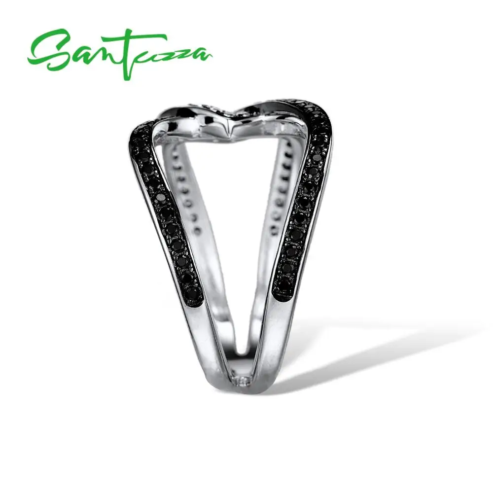 Серебряные кольца SANTUZZA для женщин, чистое 925 пробы серебро, сверкающая черная шпинель, циркониевый камень, кольца серебряного цвета, хорошее ювелирное изделие
