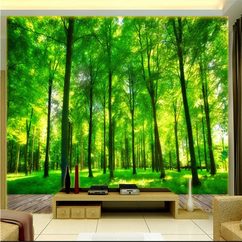 

beibehang Beautiful 3D stereo green forest TV backdrop custom large fresco green silk silk wallpaper papel de parede mural