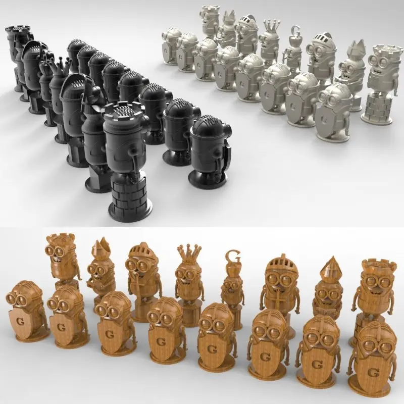 Minions_chess 3D модели для 4 Ось круговая диаграмма резные скульптуры ЧПУ в STL