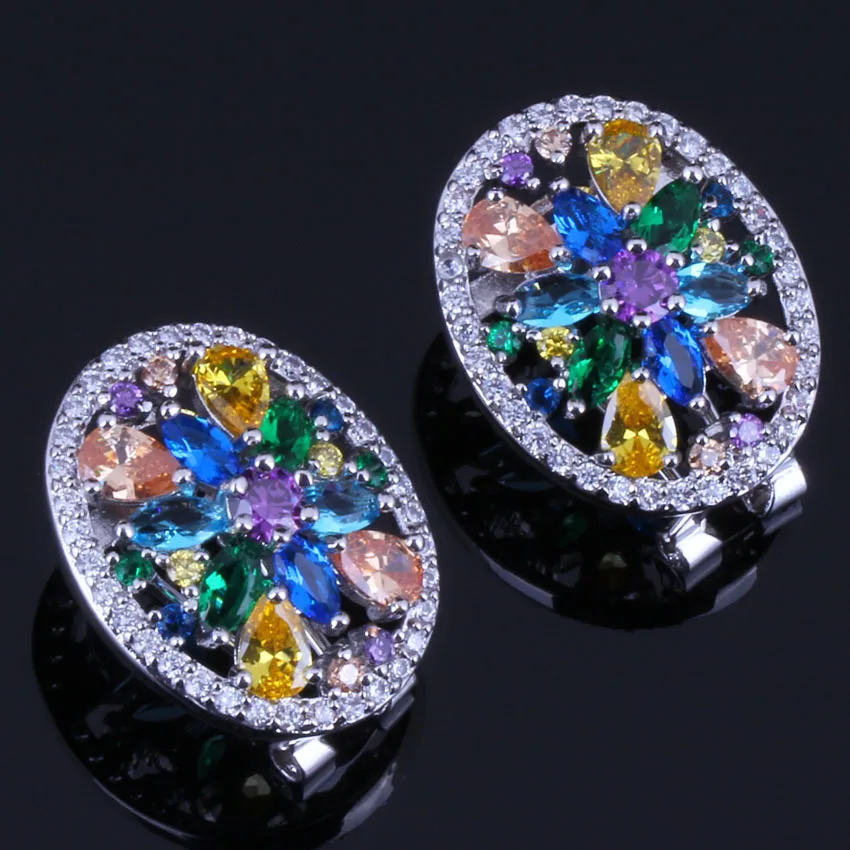 

Unusual Multigem Multicolor Yellow Cubic Zirconia Silver Plated Clip Hoop Huggie Earrings V0378