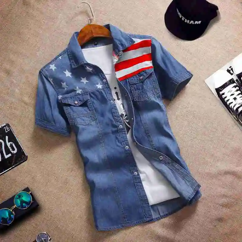 2302, летние повседневные мужские рубашки, облегающие, Camisa, джинсы, модные, короткий рукав, Chemise Homme, рваные, джинсовые рубашки, мужские M-3XL - Цвет: flag dark blue