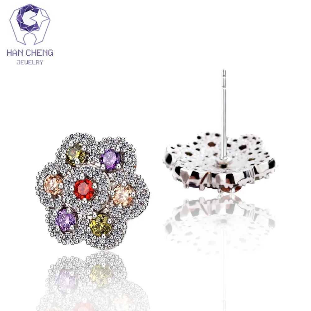 HanCheng New Fashion Copper Silver Plated AAA Zircon CZ Color Gem Stone Flower Stud Earrings For Women Jewelry brincos bijoux | Украшения и
