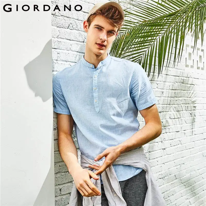 Giordano Мужская рубашка из льна и хлопка воротник с короткими рукавами мужская