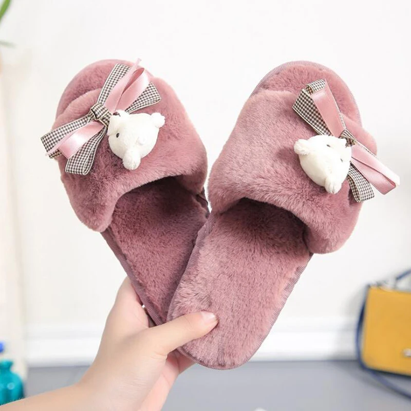 Женские плюшевые домашние тапочки с искусственным мехом теплые женские шлепанцы