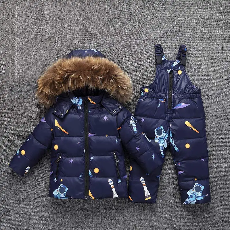 Blue Одежда для девочек и мальчиков детские куртки с капюшоном+ комбинезон, штаны детская одежда на утином пуху плотная верхняя одежда с мехом енота, костюм детская одежда - Цвет: Blue