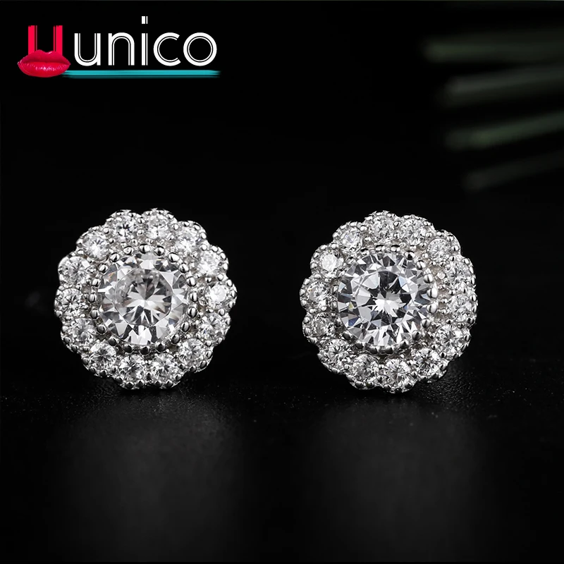 

UUNICO 925 sterling silver Color Jewelry Women Stud Earrings Round AAA Zircon Wedding for Women Gift j5820