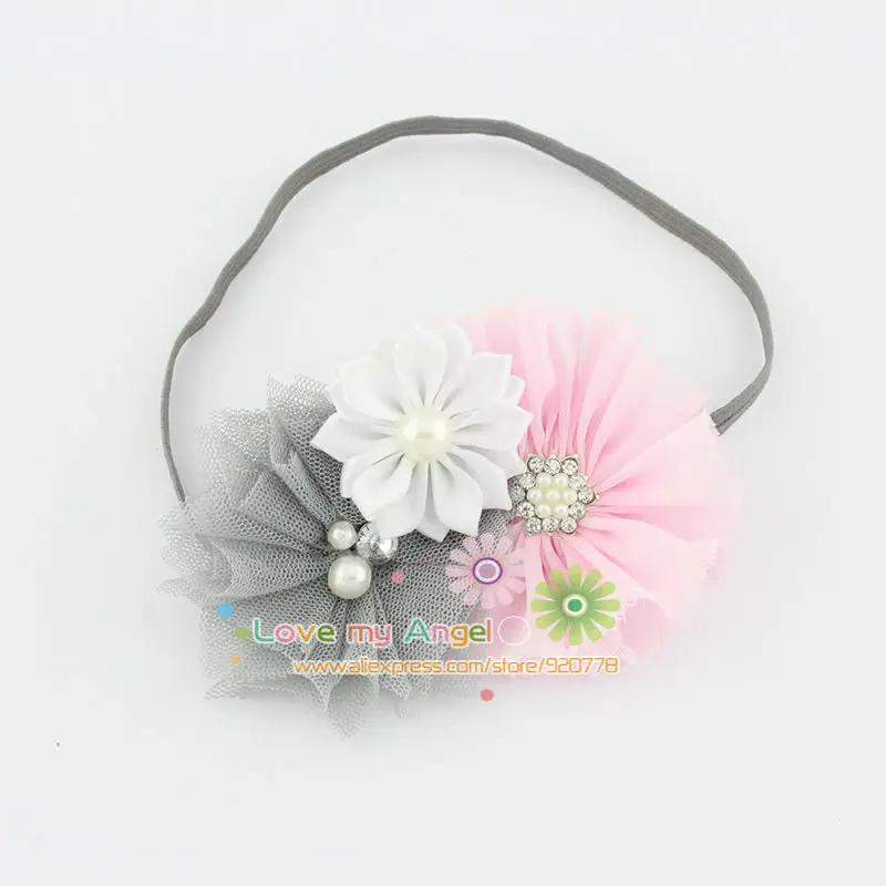 girl headband shabby chic flower hairband Rhinestone Button satin tulle Hair accessories 12pcs/lot | Детская одежда и обувь