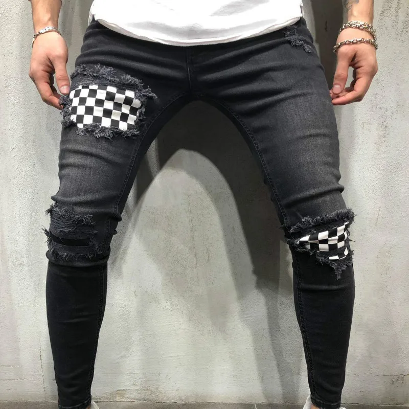 

2019 Men's jeans break holes Skinny Slim Pencil Pants stretch cloth trousers Plus Size Ripped Biker Streetwear jeans homme A104